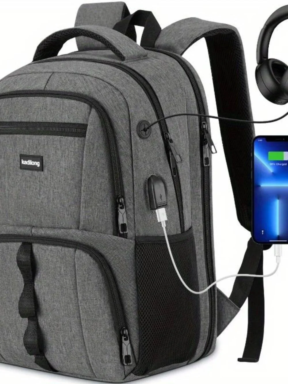 Grey Backpack with Adjustable Shoulder Straps, Zipper Closure, Multiple Pockets